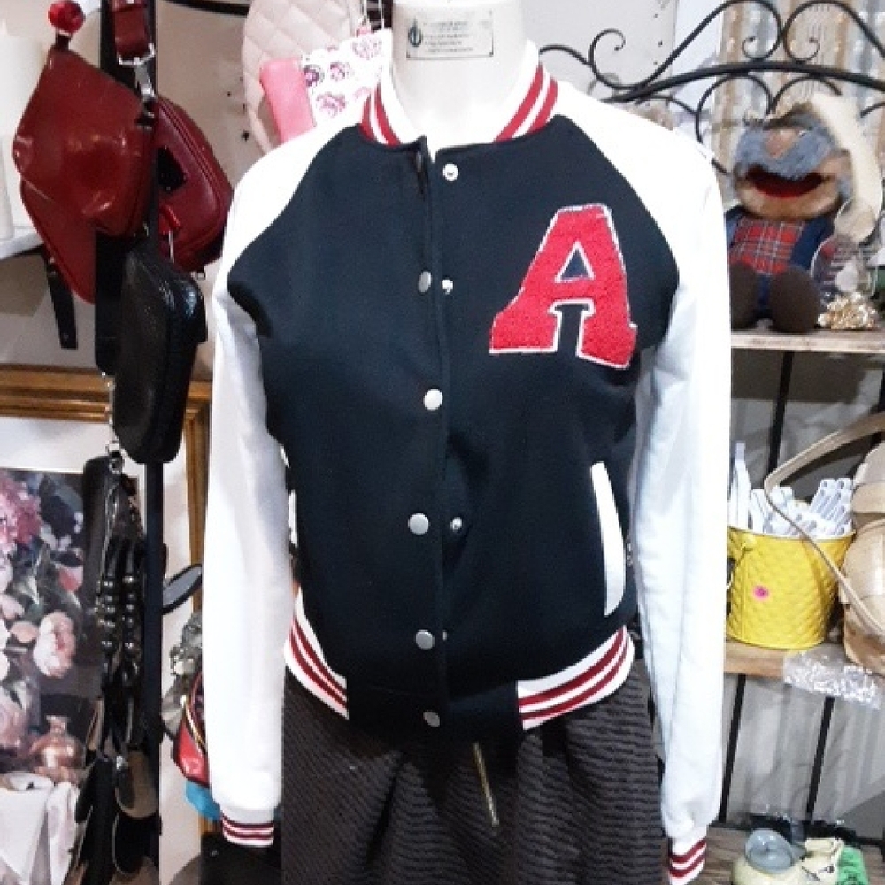 New Look Black and White Bomber Jacket with Red Accents